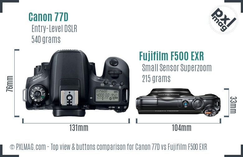 Canon 77D vs Fujifilm F500 EXR top view buttons comparison