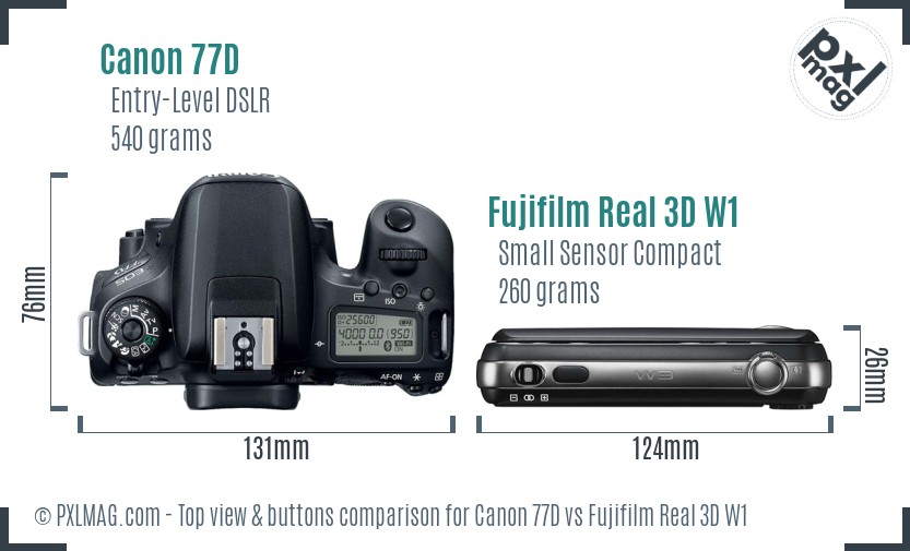 Canon 77D vs Fujifilm Real 3D W1 top view buttons comparison