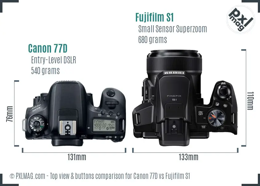Canon 77D vs Fujifilm S1 top view buttons comparison