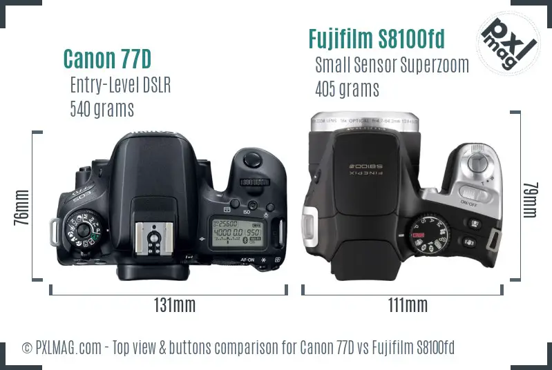 Canon 77D vs Fujifilm S8100fd top view buttons comparison