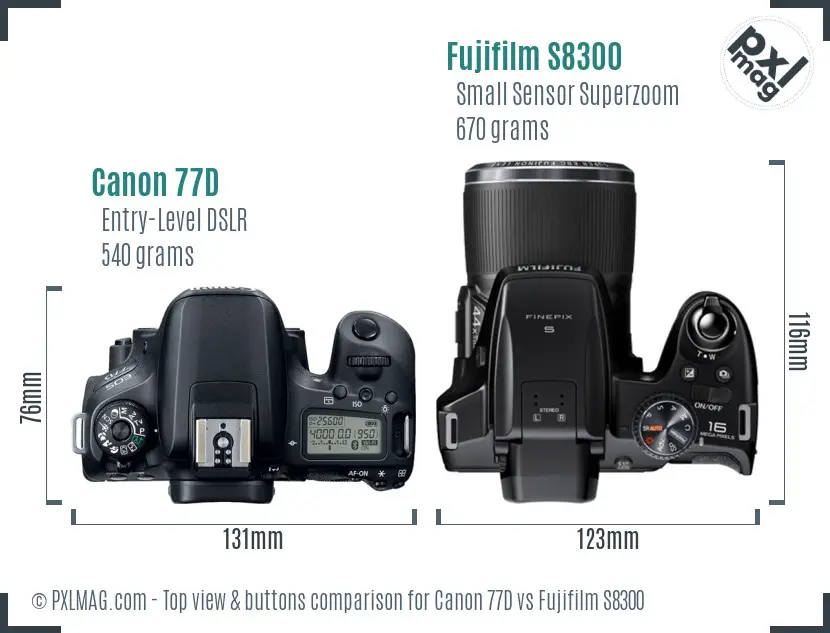 Canon 77D vs Fujifilm S8300 top view buttons comparison