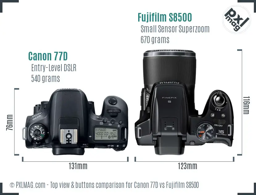 Canon 77D vs Fujifilm S8500 top view buttons comparison