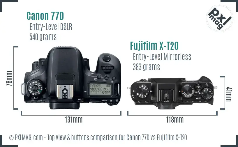 Canon 77D vs Fujifilm X-T20 top view buttons comparison