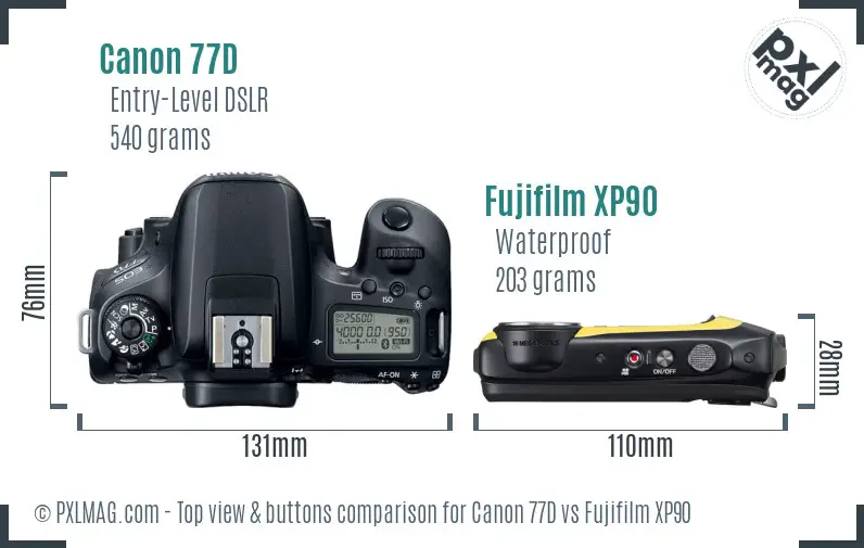Canon 77D vs Fujifilm XP90 top view buttons comparison