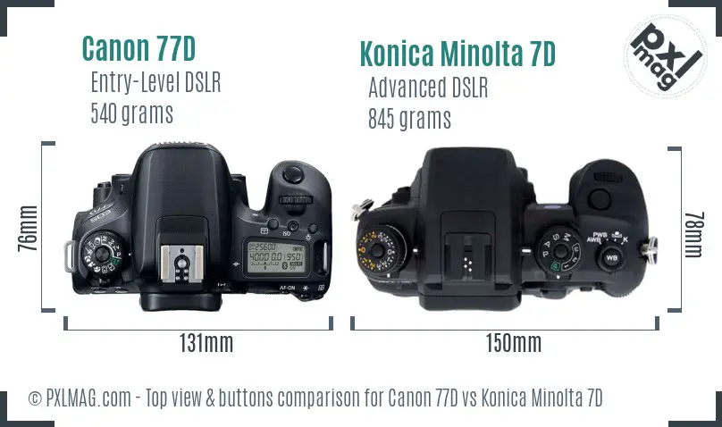Canon 77D vs Konica Minolta 7D top view buttons comparison Canon 77D vs Konica Minolta 7D top view buttons comparison