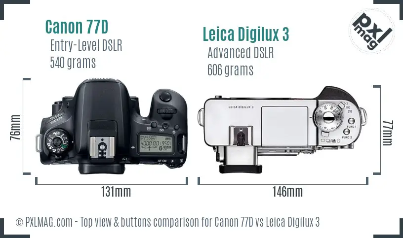 Canon 77D vs Leica Digilux 3 top view buttons comparison
