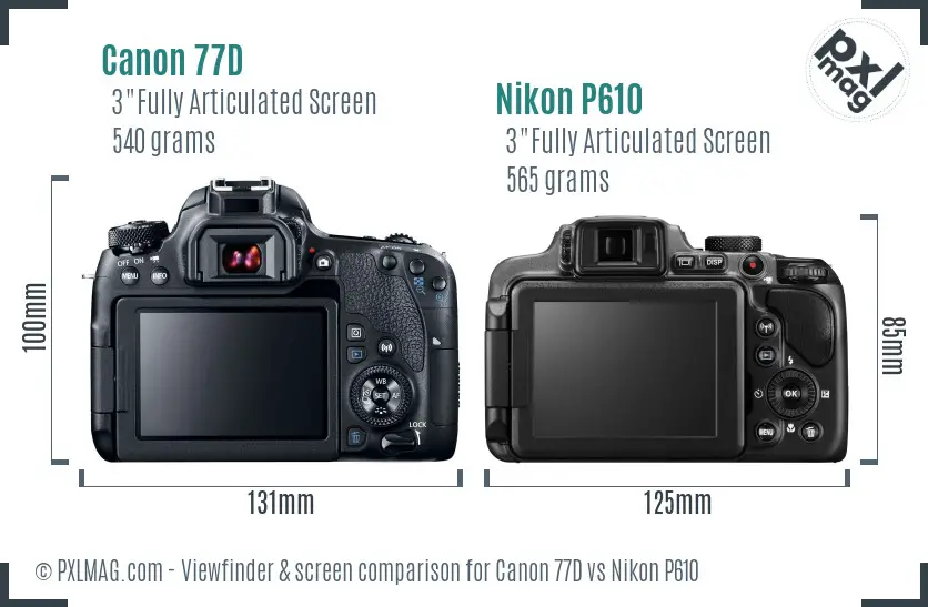 Canon 77D vs Nikon P610 Screen and Viewfinder comparison