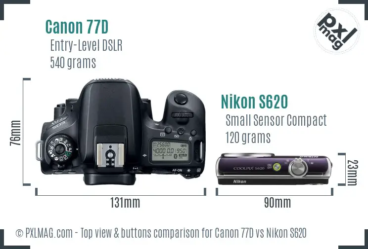 Canon 77D vs Nikon S620 top view buttons comparison