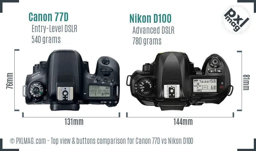 Canon 77D vs Nikon D100 top view buttons comparison Canon 77D vs Nikon D100 top view buttons comparison