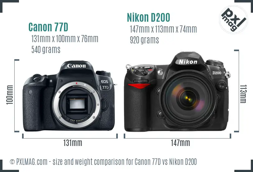 Canon 77D vs Nikon D200 size comparison