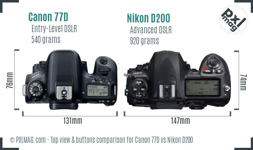 Canon 77D vs Nikon D200 top view buttons comparison