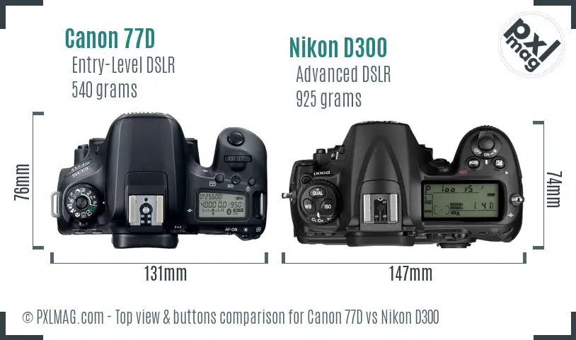 Canon 77D vs Nikon D300 top view buttons comparison