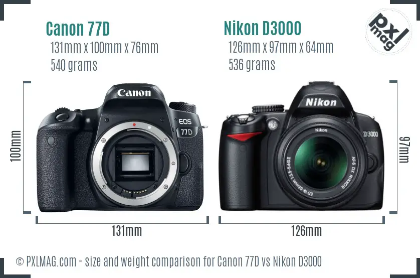 Canon 77D vs Nikon D3000 size comparison