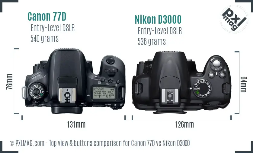 Canon 77D vs Nikon D3000 top view buttons comparison