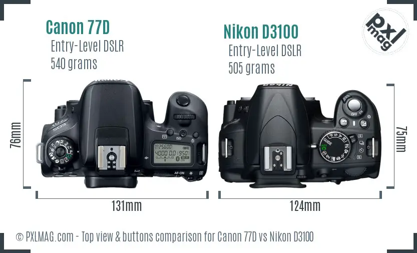 Canon 77D vs Nikon D3100 top view buttons comparison