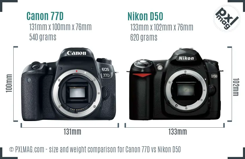 Canon 77D vs Nikon D50 size comparison