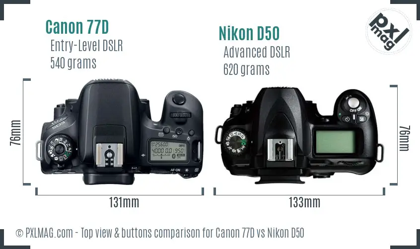 Canon 77D vs Nikon D50 top view buttons comparison
