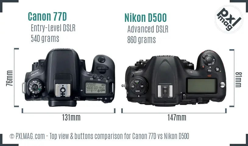 Canon 77D vs Nikon D500 top view buttons comparison