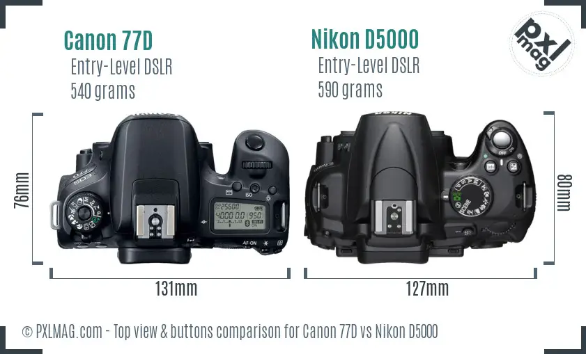 Canon 77D vs Nikon D5000 top view buttons comparison