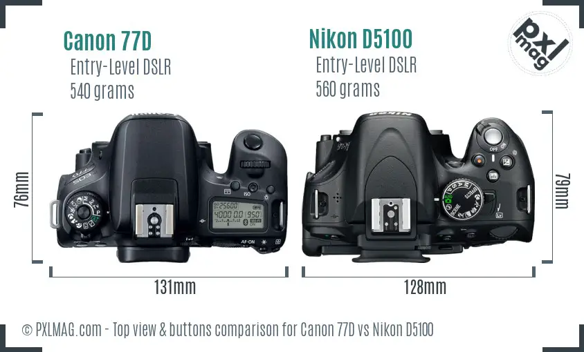 Canon 77D vs Nikon D5100 top view buttons comparison