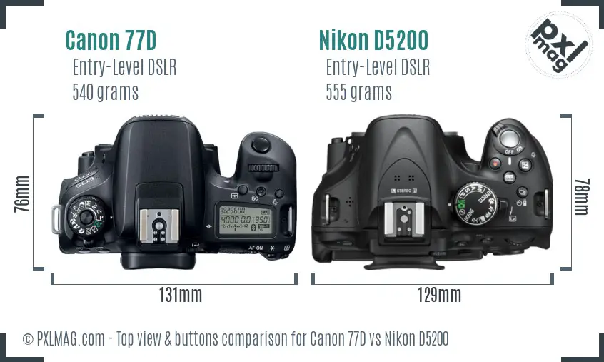 Canon 77D vs Nikon D5200 top view buttons comparison