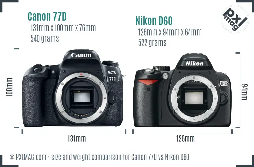 Canon 77D vs Nikon D60 size comparison