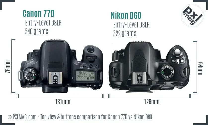 Canon 77D vs Nikon D60 top view buttons comparison