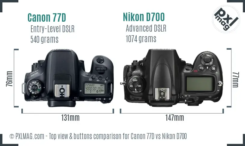 Canon 77D vs Nikon D700 top view buttons comparison