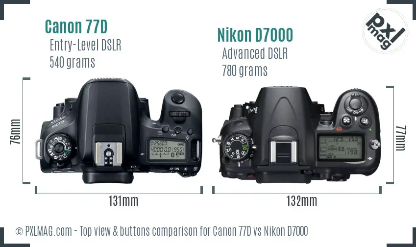 Canon 77D vs Nikon D7000 top view buttons comparison