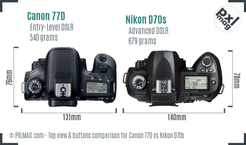 Canon 77D vs Nikon D70s top view buttons comparison Canon 77D vs Nikon D70s top view buttons comparison