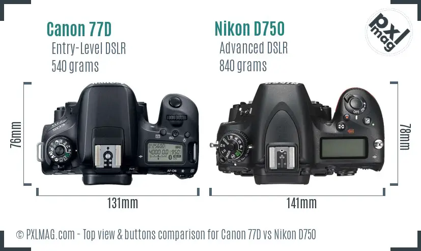 Canon 77D vs Nikon D750 top view buttons comparison