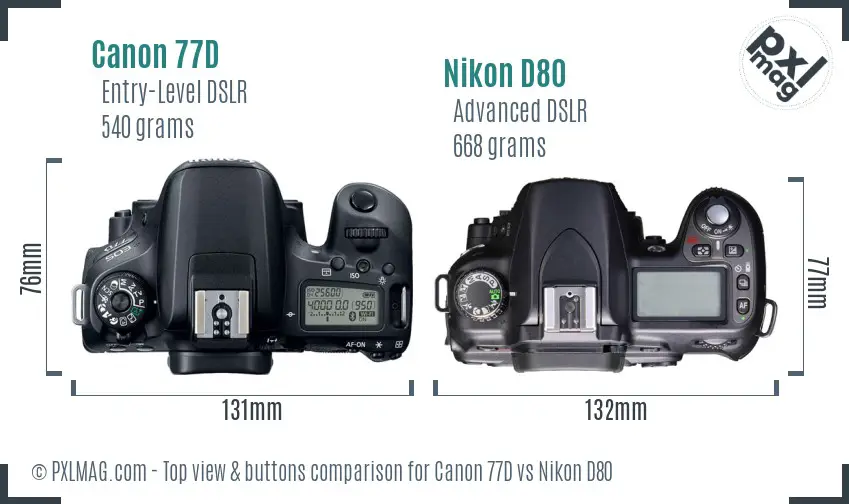 Canon 77D vs Nikon D80 top view buttons comparison