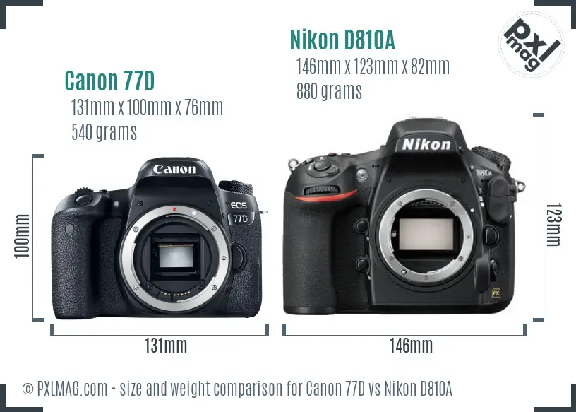 Canon 77D vs Nikon D810A size comparison