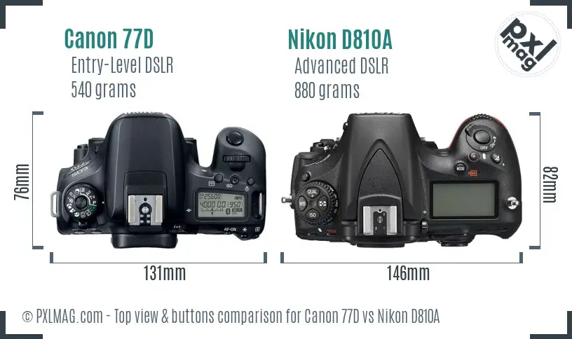 Canon 77D vs Nikon D810A top view buttons comparison