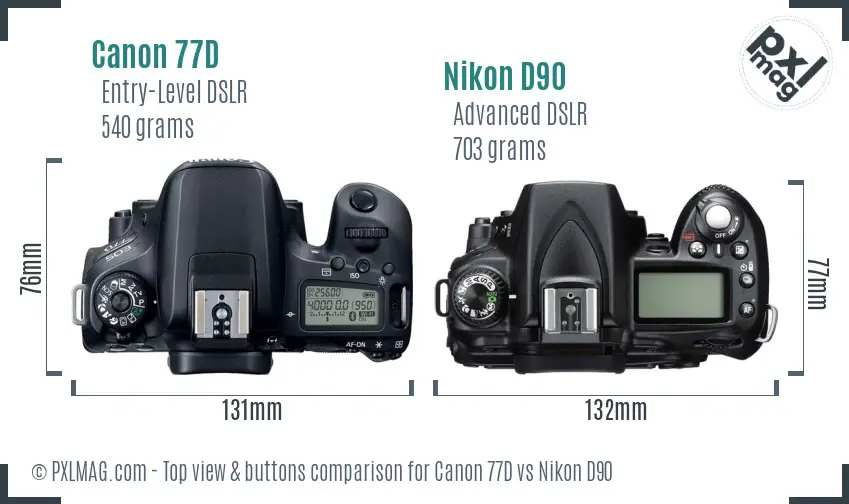 Canon 77D vs Nikon D90 top view buttons comparison Canon 77D vs Nikon D90 top view buttons comparison
