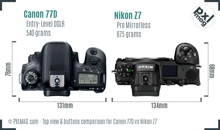 Canon 77D vs Nikon Z7 top view buttons comparison