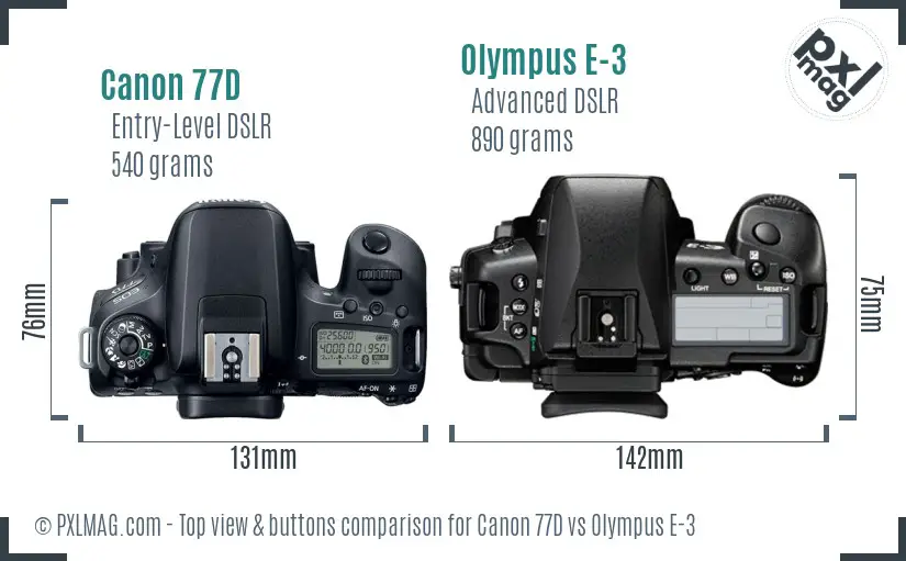 Canon 77D vs Olympus E-3 top view buttons comparison Canon 77D vs Olympus E-3 top view buttons comparison
