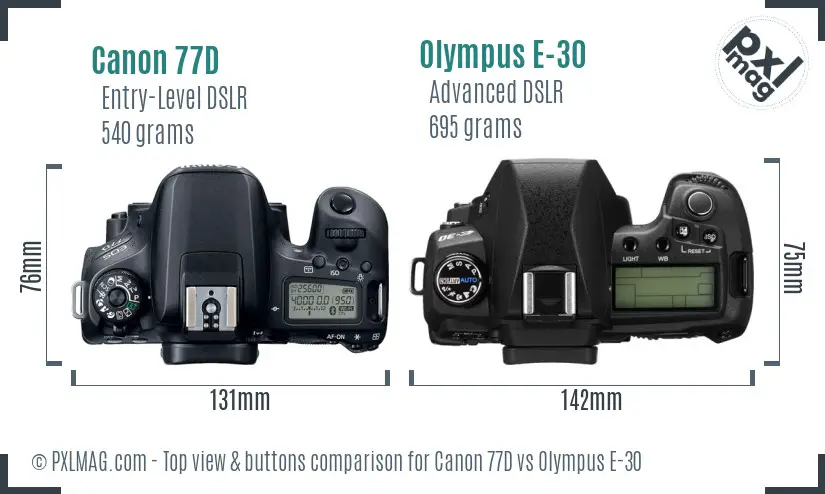 Canon 77D vs Olympus E-30 top view buttons comparison