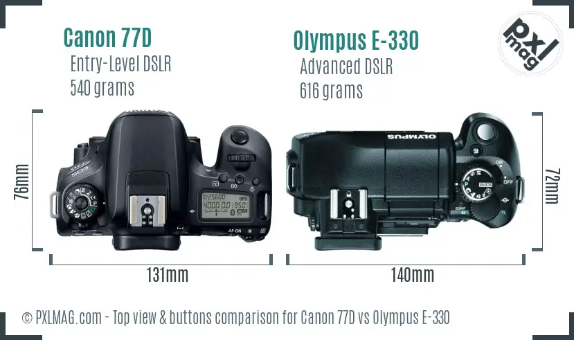 Canon 77D vs Olympus E-330 top view buttons comparison