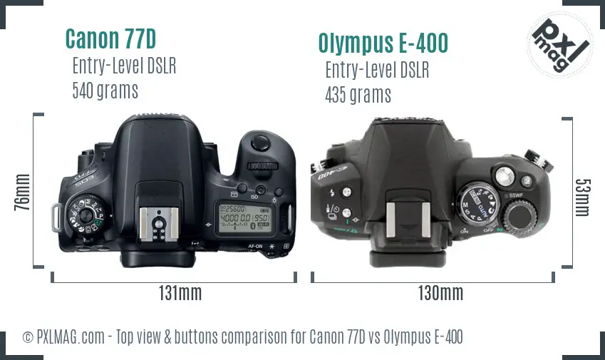 Canon 77D vs Olympus E-400 top view buttons comparison