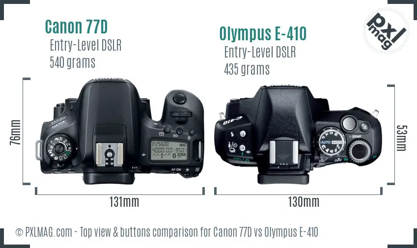 Canon 77D vs Olympus E-410 top view buttons comparison