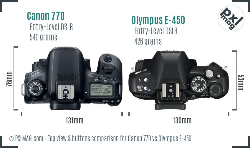 Canon 77D vs Olympus E-450 top view buttons comparison