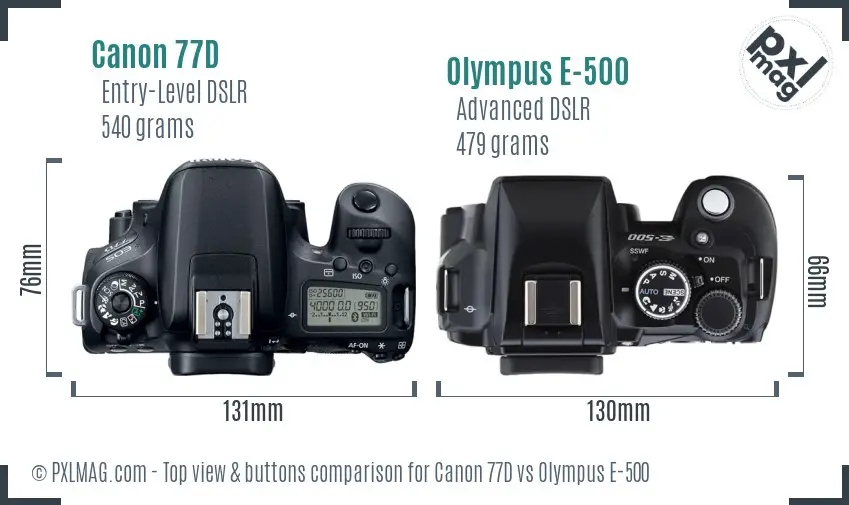 Canon 77D vs Olympus E-500 top view buttons comparison