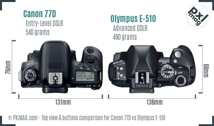 Canon 77D vs Olympus E-510 top view buttons comparison