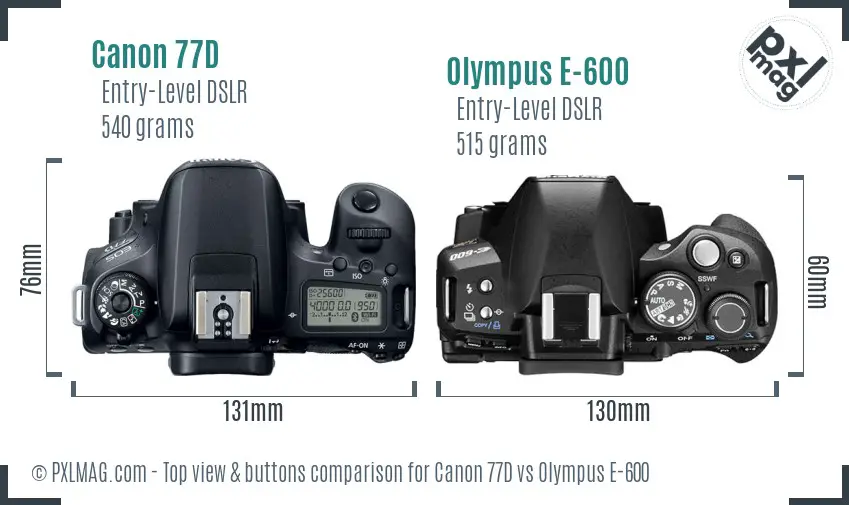 Canon 77D vs Olympus E-600 top view buttons comparison