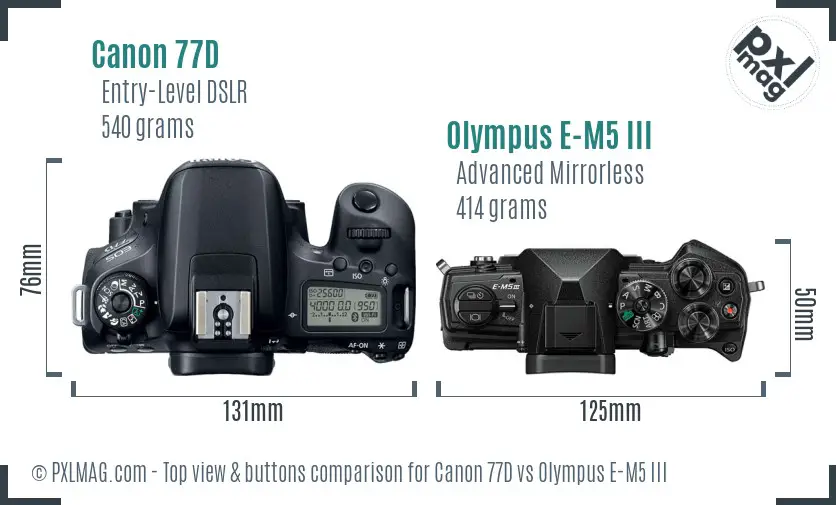 Canon 77D vs Olympus E-M5 III top view buttons comparison