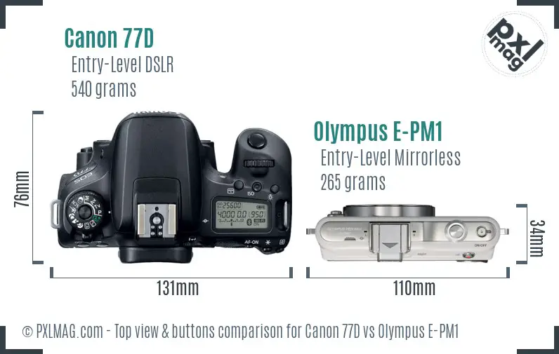 Canon 77D vs Olympus E-PM1 top view buttons comparison