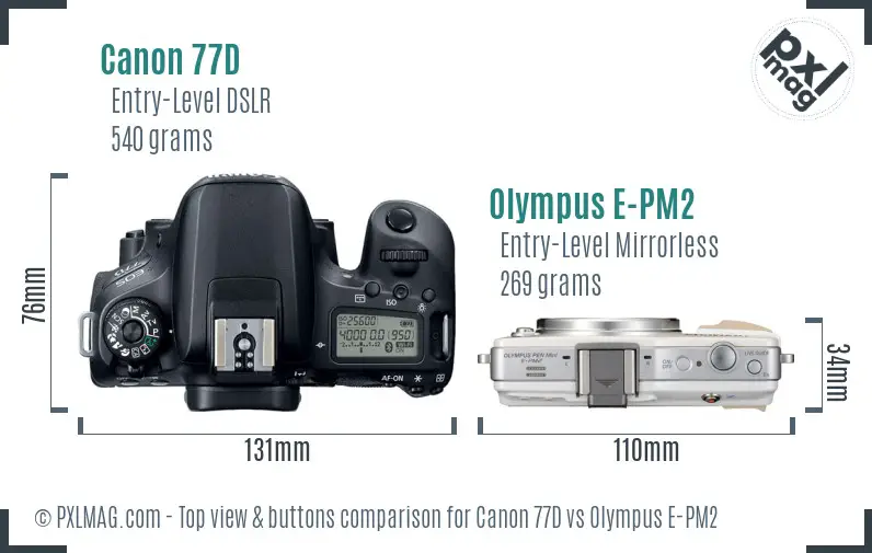 Canon 77D vs Olympus E-PM2 top view buttons comparison