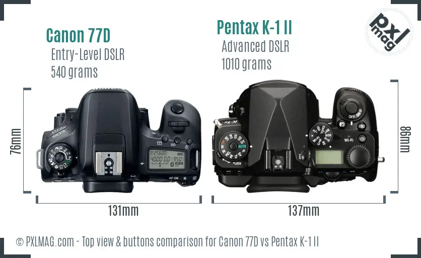 Canon 77D vs Pentax K-1 II top view buttons comparison