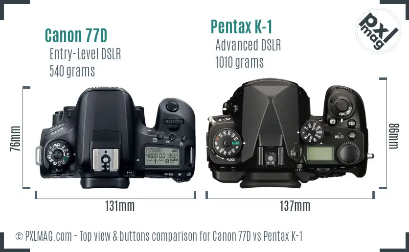 Canon 77D vs Pentax K-1 top view buttons comparison Canon 77D vs Pentax K-1 top view buttons comparison